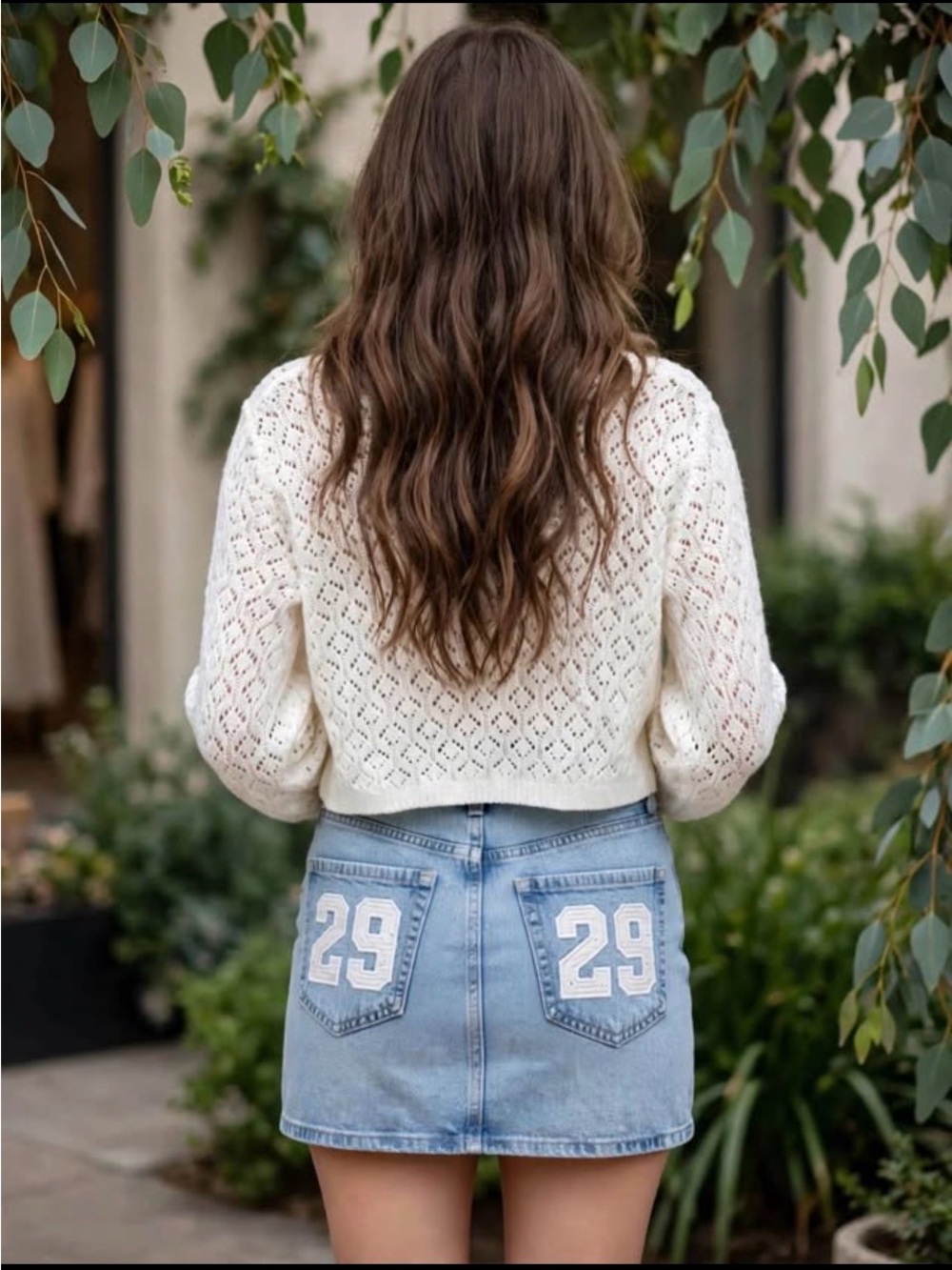 Hollister White Crochet Tie-Front Top with Light Blue Denim Mini Skirt - Picture 2 of 7